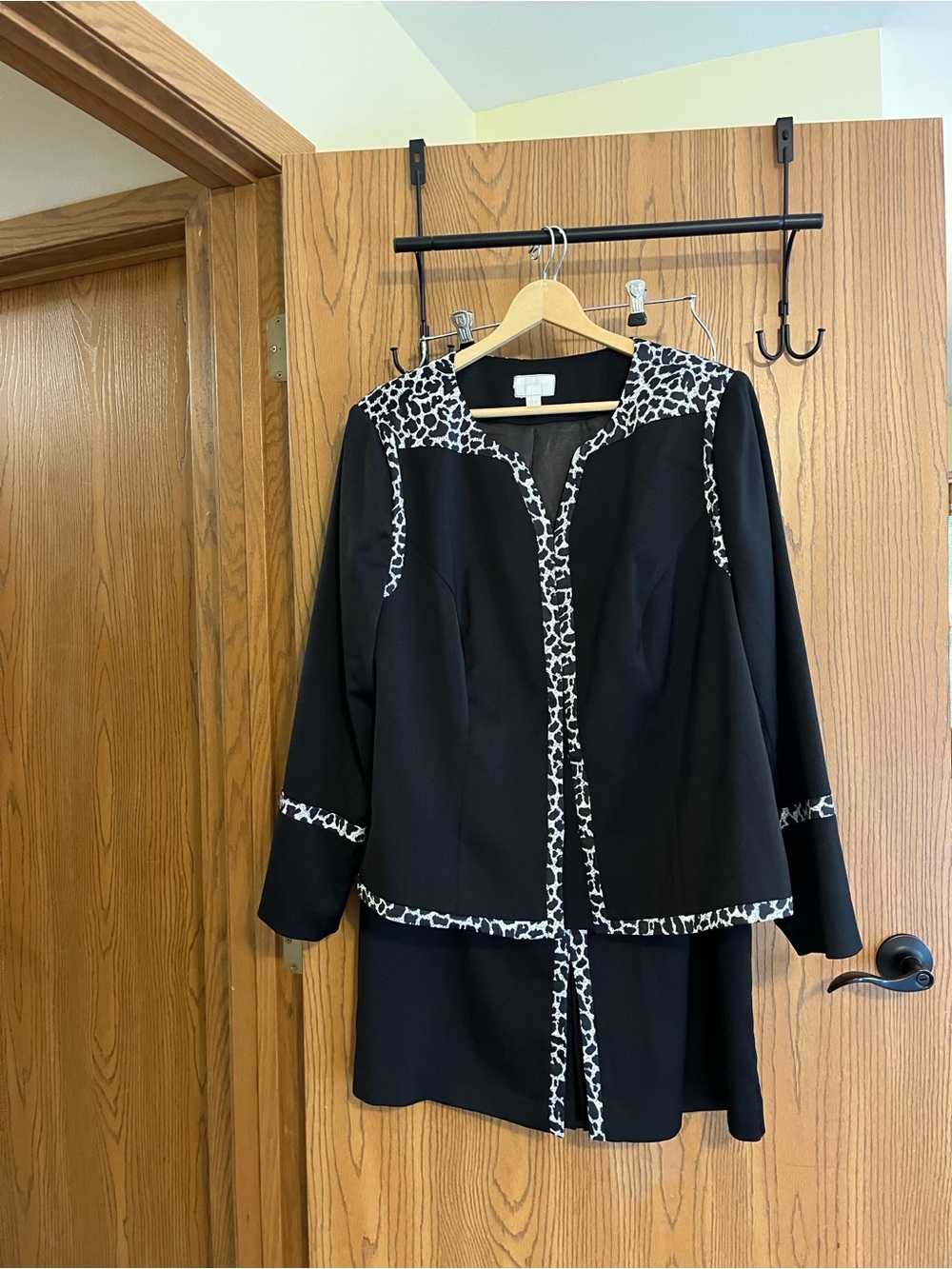 Midnight Velvet Black Jacket and Skirt Set with White Animal-Print Trim